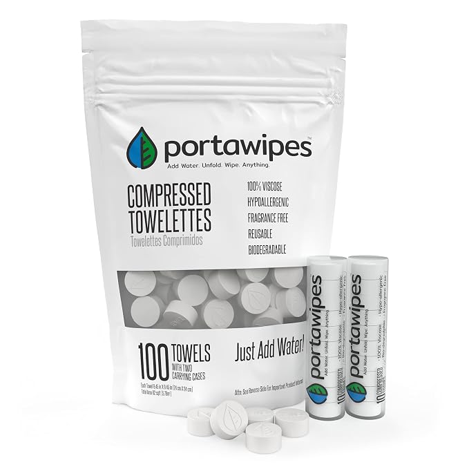 Portawipes Coin Tissues | 100 Pack with 2 Carrying Cases | Toilet Paper Tablets | Compressed Towels | Expandable Wipes | Soft & Odor Free