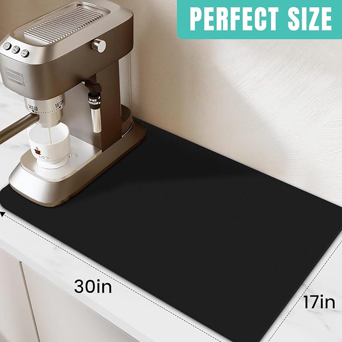 WISELIFE Coffee Mat Super Absorbent Dish Drying Mat Coffee Bar Accessories Match with Machine Large Drying Mats for Kitchen Counter 17" W x 30" L, Black