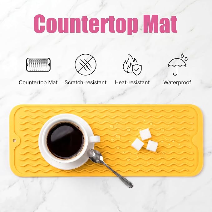 MicoYang Silicone Dish Drying Mat for Multiple Usage,Easy clean,Eco-friendly,Heat-resistant Silicone Mat for Kitchen Counter,Sink,Bar,Bottle,or Cup Yellow M 17 inches x 6 inches