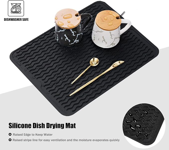 Silicone Dish Drying Mat for Multiple Usage, Easy clean, Eco-friendly, Heat-resistant Dish Drainer Mat for Kitchen Counter,Sink,Refrigerator or Drawer liner (16" x 12", Dark Blue)