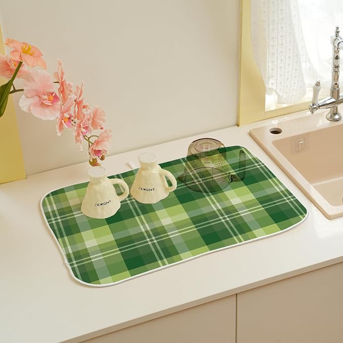 St. Patrick's Day Dish Drying Mat 18 x 24 Inch Green Buffalo Plaid Drying Mat for Kitchen Counter Absorbent Spring Green Dishes Dry Pad for Drainer Rack Kitchen Fast Dry