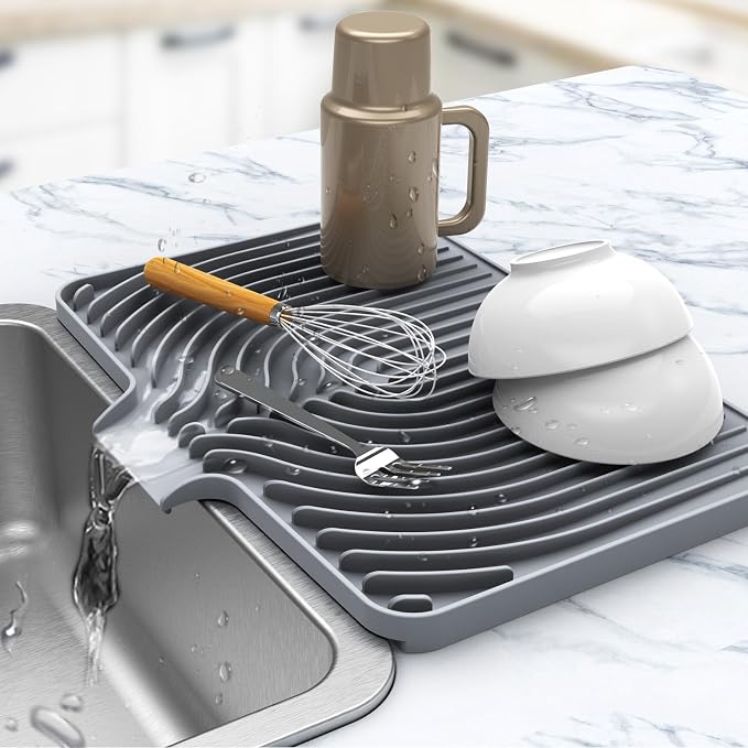Dish Drying Mat for sink with a bulged edge,18"×12"Silicone Self-Draining | Various sizes and colors,Self-Draining Slope Structure,Enabling faster drying,Heat-Resistant,Easy to clean,Food-grade