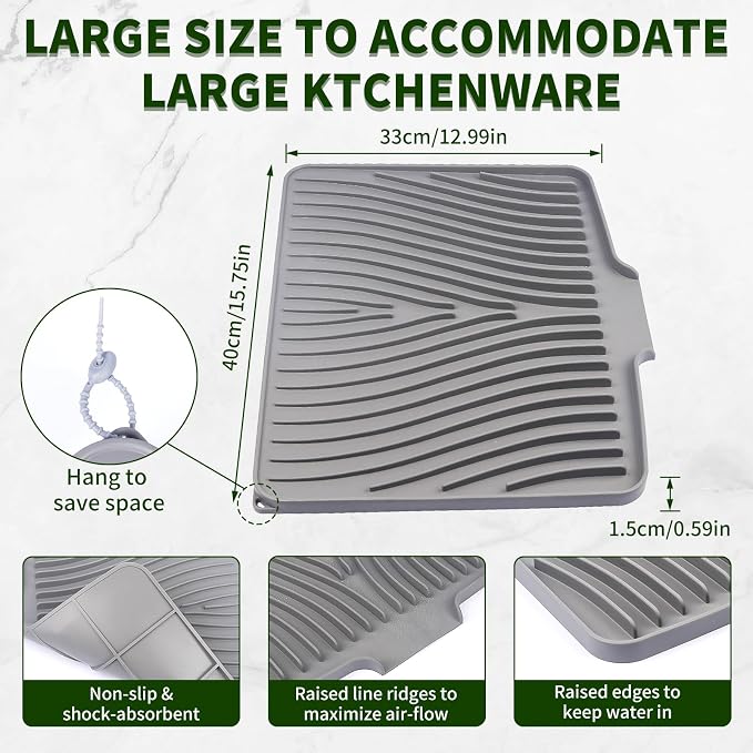 Silicone Dish Drying Mat 16x13,Food-Grade Silicone,Easy Clean Pad for Countertop Protection,Heat Resistant,Easy Clean,Non-Slip Drain Pad with Built-in Drain,Multi-Functional Use,Grey