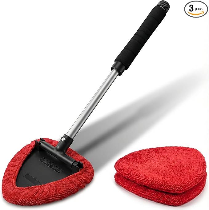 TAKAVU Window & Windshield Cleaner, Extendable, 3 Microfiber Pads (Red) | Pivoting Triangle Head Wiper Cleans Interior & Exterior Glass, 3 Washable Reusable Bonnets, Lint-Free