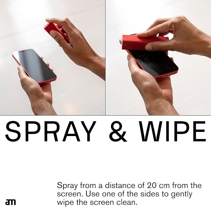 am Mist Screen Cleaner Spray with Microfiber Cloth – Alcohol-Free, Green | Mist screen cleaner with integrated microfiber cloth for phones, tablets, laptops, TVs and car displays.