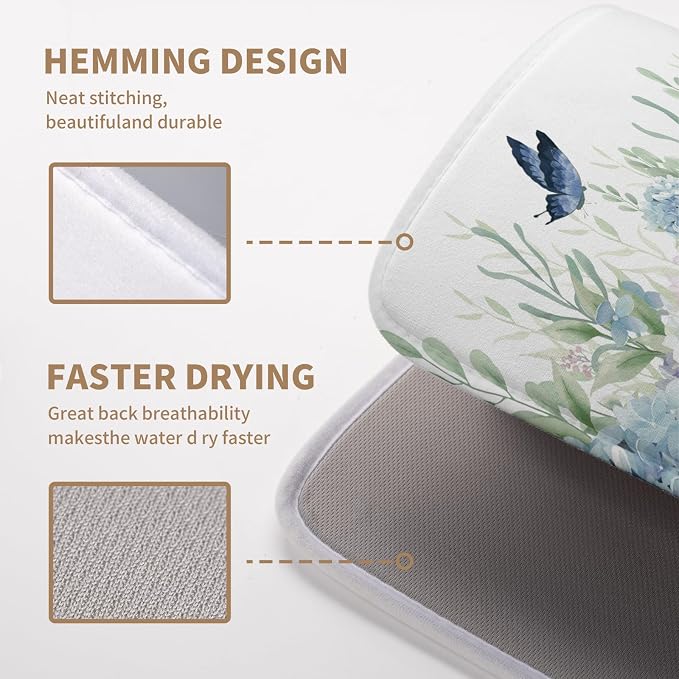 Spring Flowers Dish Drying Mat for Kitchen Counter Blue Pink Hydrangea Floral Drying Mats Absorbent Reversible Microfiber Dish Draining Mat Reusable Washable Dishes Pad Medium 16"x18"
