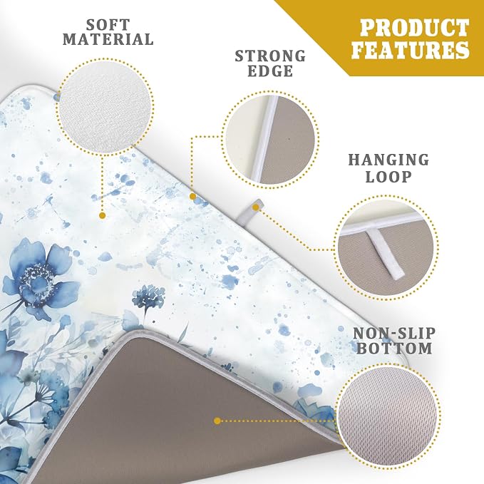 Giwawa Blue Floral Dish Drying Mat for Kitchen Counter Watercolor Leaves Dishes Drainer Rack Mat Absorbent Microfiber Dish Draining Pad 18x24 Inch