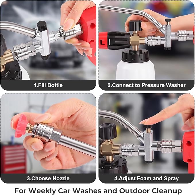 Foam Cannon for Pressure Washer, 5000 Psi, 1L, 6 Nozzles | 2-In-1 Foam And Rinse, Dual Connector, Adjustable Foam Output, 1/4" Quick Connect, Rust-Resistant Build