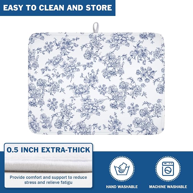 Blue Floral Dish Drying Mat for Kitchen Counter Chinoiserie Flower Microfiber Dish Drainer Mat Vintage Rustic Elegant Absorbent Washable Drying Pad Extra Large 18"x24"
