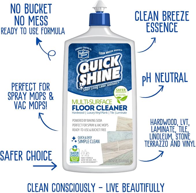 Quick Shine Multi Surface Floor Cleaner 27oz, 6Pk | Ready to Use-Streak Free- No Rinse | Use on Hardwood, Laminate, Luxury Vinyl Plank & Stone | Use in Spray Mops & Vac Mops | Safer Choice Cleaner