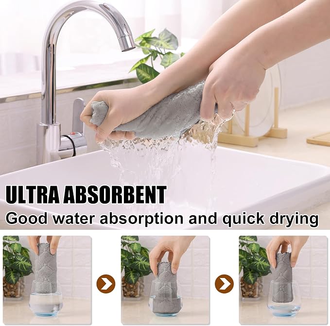 Homaxy 12 Pack Kitchen Dish Cloths (10 x 10 Inches, Grey), Super Soft and Absorbent Coral Velvet Dish Towels, Nonstick Oil Fast Drying Microfiber Cleaning Cloth, No Lint Household Dishcloths