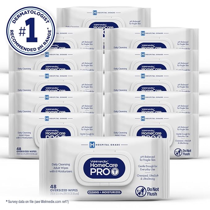 Welmedix Adult Bathing Wipes - Oversized No Rinse Bath Wipes | 6 Moisturizers - Hospital Grade Daily Cleansing Disposable Washcloths for Fragile Skin - XL 7.5” x 12.5” - 48 Count, 12 Pack