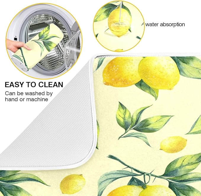 Super Absorbent Dish Drying Mat, Microfiber Fast-Drying Dish Mat, 24" x 18", Kitchen Dish Drying Pad, Vintage Yellow Lemon With Leaves
