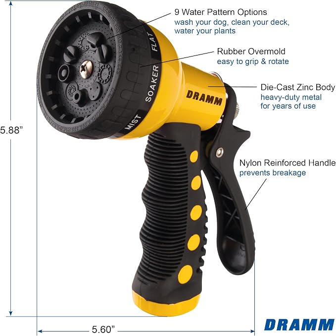 Dramm Revolver Heavy Duty Metal Garden Hose Nozzle – 9 Spray Patterns, High Pressure Jet, Thumb-Control Flow, Ergonomic Grip – Yellow