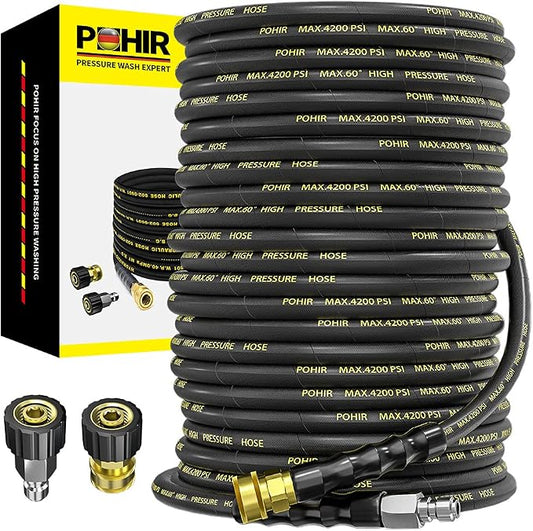 Pressure Washer Hose 150 ft with 3/8'' Quick Connector, 4200PSI | POHIR 2pcs 3/8'' QC to M22 14mm Adapters, Steel Wire Braided 1/4’’ ID Power Washing Hose, No-Kink AntiBurst Powerful Cleaning