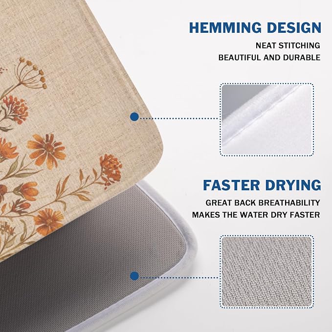 Fall Floral Dish Drying Mat for Kitchen Counter 18 x 24 Inch Autumn Sunflower Dish Drainer Mat Absorbent Microfiber Thanksgiving Dish Rack Pad for Coffee Dining Bar Kitchen Decor