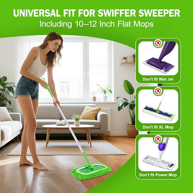 8 Pack Reusable Mop Pads Compatible with Swiffer Sweeper, Dry Sweeping Cloths & Wet Mopping Cloths - Microfiber Mop Pads for Hardwood Floors, Floor Cleaning, Wood Floors (Green)