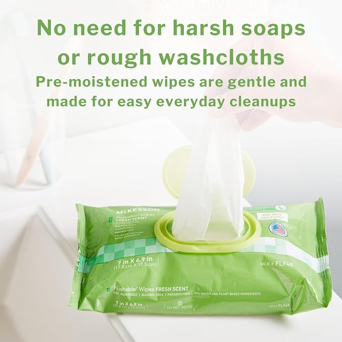 McKesson Flushable Adult Wet Wipes, Scented, 576 Wipes (12 Pack of 48) | Plant-Based Cleansing Wipes, Scented, Gentle on Skin, Plant-Based Adult Cleansing Wipes