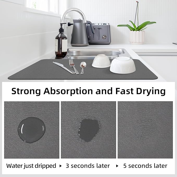 LOPNUR Kitchen Dish Drying Mat, 31.5"x17" Extra Large Dish Drying Mats for Kitchen Counter, Diatomite Coffee Mat, Super Absorbent Dish Drying Pad, Heat Resistant Mat with Anti-slip Rubber Backed, Grey