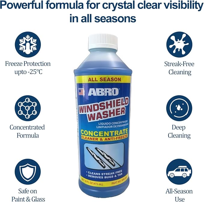 ABRO Windshield Washer Concentrate - 473ml, 2-in-1 All-Season Cleaner & Anti-Freeze, Up to -25°F (-31.5°C) Freeze Protection, Streak-Free Cleaning, Bug and Tar Removal