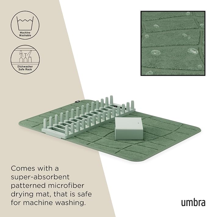 Umbra UDry Dish Drying Rack with Mat – Kitchen Countertop Dish Drainer & Absorbent Microfiber Drying Mat, Foldable Dish Rack Organizer for Plates, Cups & Utensils, Spruce
