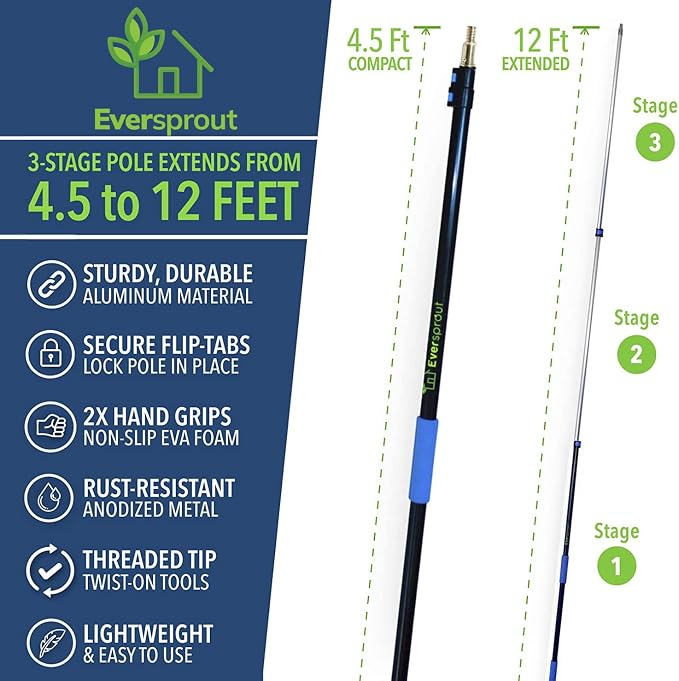 EVERSPROUT Car Brush with Rubber Bumper 5-to-12 Ft with Extension Pole | For Cars, Boats, SUVs, Trucks, Solar Panels, Reaches 20 Ft Standing, No-Scratch Rubber Bumper, Fits 3/4” Acme Threads