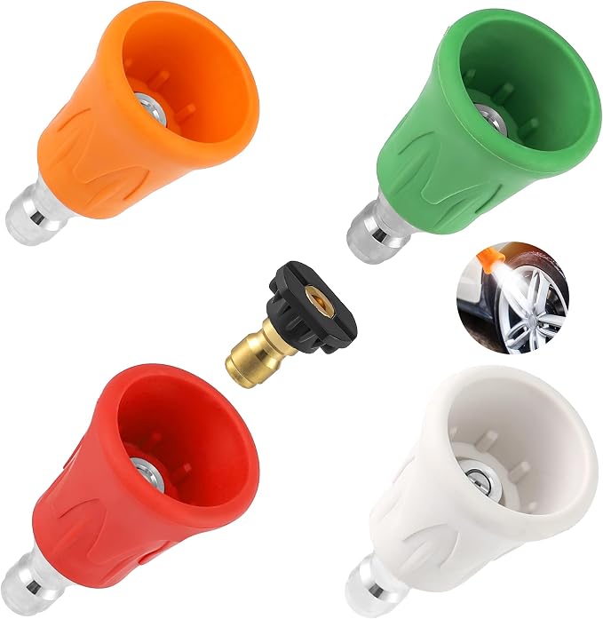 FIXFANS Pressure Washer Nozzle Guard, Power Washer Nozzle Tips, Orifice 4.0 | Stainless Steel High Pressure Washing Nozzle Holder Set with Upgraded Rubber Protector Cover, 1/4" Quick Connect, 5Pcs