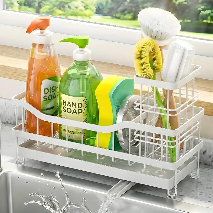 Sponge Holder for Kitchen Sink, Rustproof Sink Caddy Organizer with Dish Brush Holder, Self-Draining Kitchen Sink Organizer Countertop for Soap Dispenser, Scrubber and Sink Storage Essentials, White