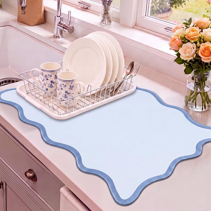 Nuanchu Blue Scalloped Dish Drying Mat for Kitchen Counter, Waterproof Easy Clean Non-slip Coffee Bar Station Accessories, Trendy Cute Aesthetic Modern Drainer Kitchen Drying Mat, 12" x 19"