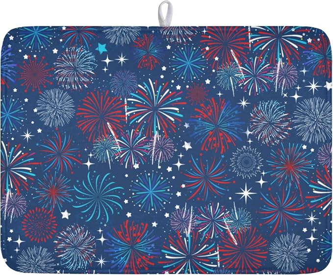 4th of July Patriotic Dish Drying Mat for Kitchen Counter 18 x 24 Inch Independence Day Dish Drainer Mat Absorbent Microfiber Firework Dish Rack Pad for Coffee Dining Bar Decor