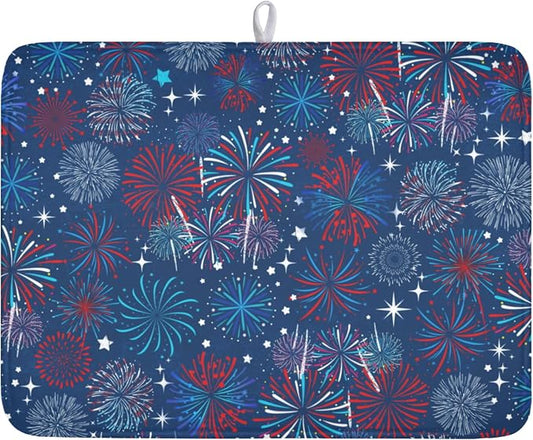 4th of July Patriotic Dish Drying Mat for Kitchen Counter 18 x 24 Inch Independence Day Dish Drainer Mat Absorbent Microfiber Firework Dish Rack Pad for Coffee Dining Bar Decor
