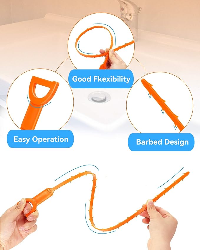 Drain Snake Clog Remover Tool, 3 Plastic (20 Inches) and 1 Stainless Drain Snakes (33 Inches) Included, Effectively Clean Hair and Other Clog for Toilet, Kitchen Sink, Bathroom Tub