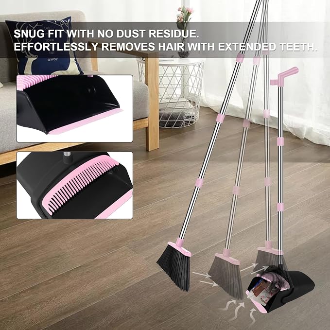 Pink Broom with Dustpan Combo Set, 51" Long Handle Household Cleaning Tool, Ideal Broom and Dustpan Set for Pet Hair and Home Use