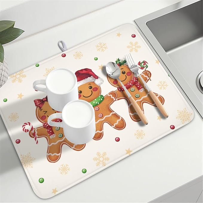 Christmas Gingerbread Man Dish Drying Mat for Kitchen Counter Xmas Gold Snowflake Dish Drainer Mat Rustic Farmhouse Winter Holiday Absorbent Washable Drying Pad 18"x24"