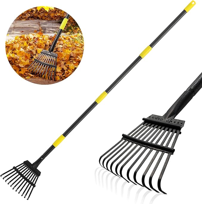 Leaf Rake, Small Rake for Leaves with 30"-75" Adjustable Long Handle, 11 Tines 8.5" Wide, Metal Rakes Heavy Duty for Lawns, Gardening, Yard, Camping, Shrub, Grass, Bush, Weed, Debris