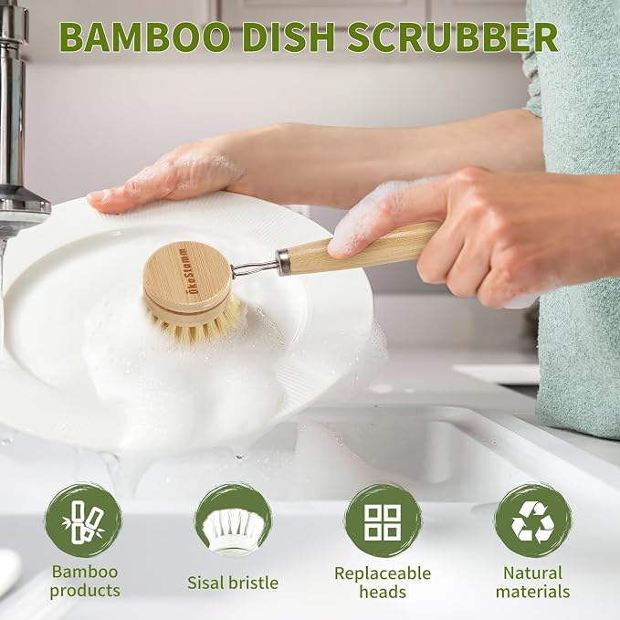 Bamboo Dish Brush with Long Handle - Natural Dish Scrubber Brush Set Includes 4 Replacement Brush Heads, Sisal Bristle Bamboo Brush for Dishes, Pans, Pot, Fruit and Veggie