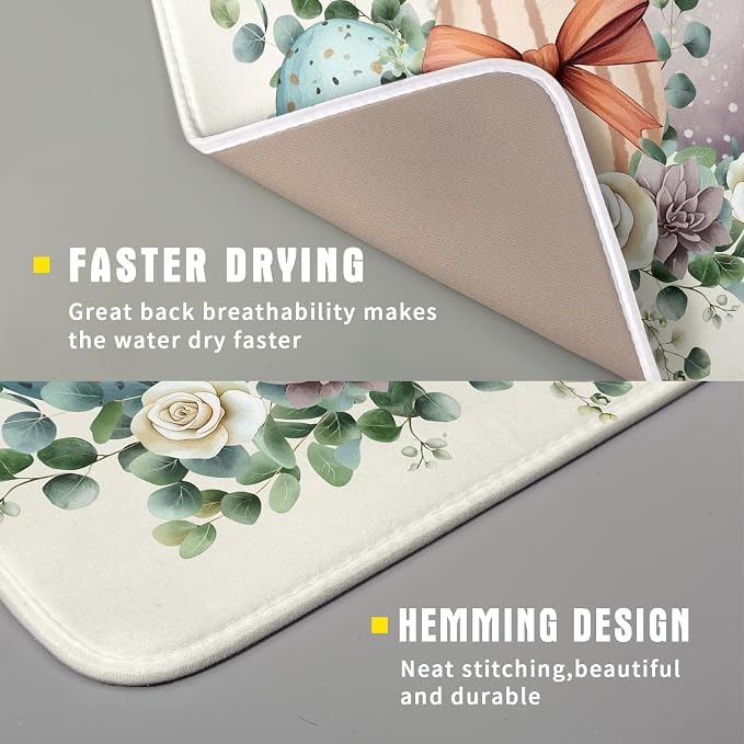 Happy Easter Eggs Dish Drying Mat 16x18 Inch Easter Day Eggs Flowers Dishes Pad Dish Drainer Rack Mats Absorbent Fast Dry Kitchen Accessories Spring Easter Holiday Drying Mat for Countertop Tableware