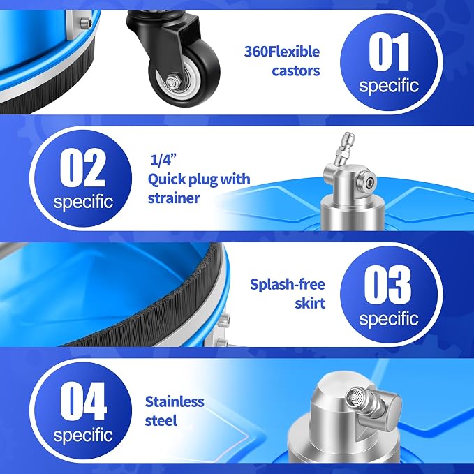 LidoDola 16'' Pressure Washer Surface Cleaner Blue, Power Washer Accessory | Stainless Steel Housing with 4 Wheels, 1/4" QC, 2 Extension Wands & 2 Replacement Nozzles, for Gas & Electric Pressure Washer