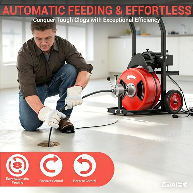 Garvee 100Ft 3/4 Inch Drain Cleaning Machine. Sewer Snake 750w Auto Feed with 6 Cutter, Portable Drain Cleaning Machine Electric Drain Auger Sewer Auger Air-Activated Foot Switch for 4" to 8" Pipes