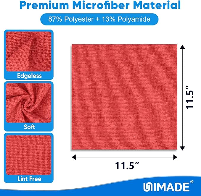 UNIMADE Shop Towels Rags, 150 Pack Reusable Shop Rags Bulk Microfiber Cleaning Cloth Lint Free Cleaning Towels for Car Kitchen Automotive Bar Mechanic Restaurant Garage, 11.5"x 11.5", Red
