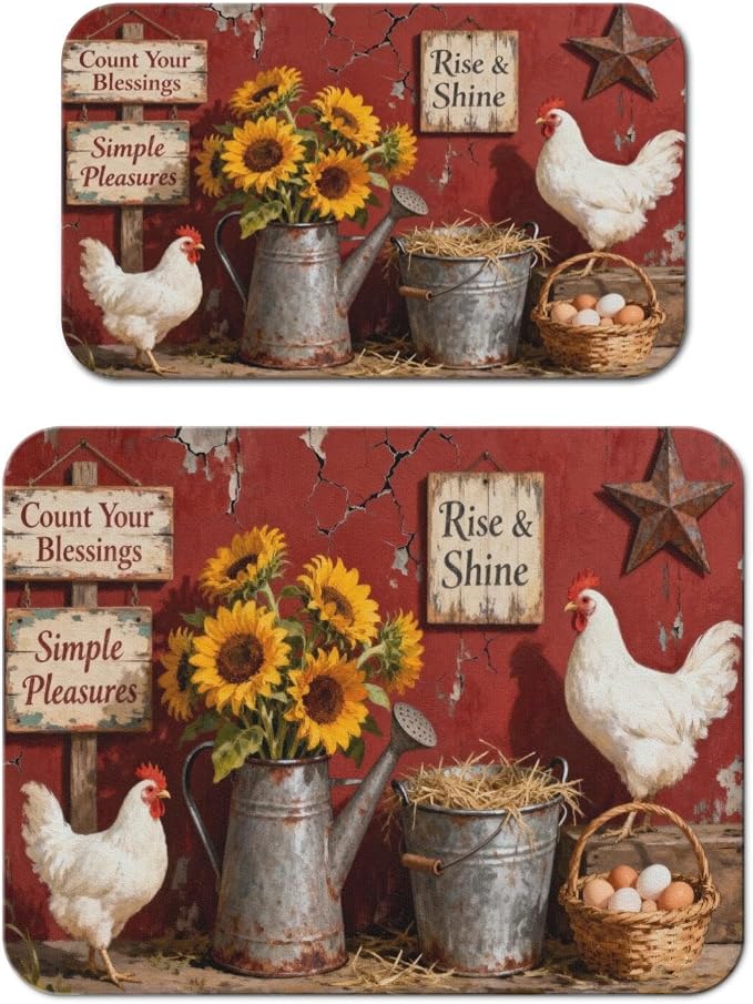 Dish Drying Mat 2-Pack in Rooster Country for Kitchen Counter Dishes Mat | Diatom Mud Mats (18x24, 19.5x12"). Non-slip rubber back for kitchen counter, coffee bar & sink scenes