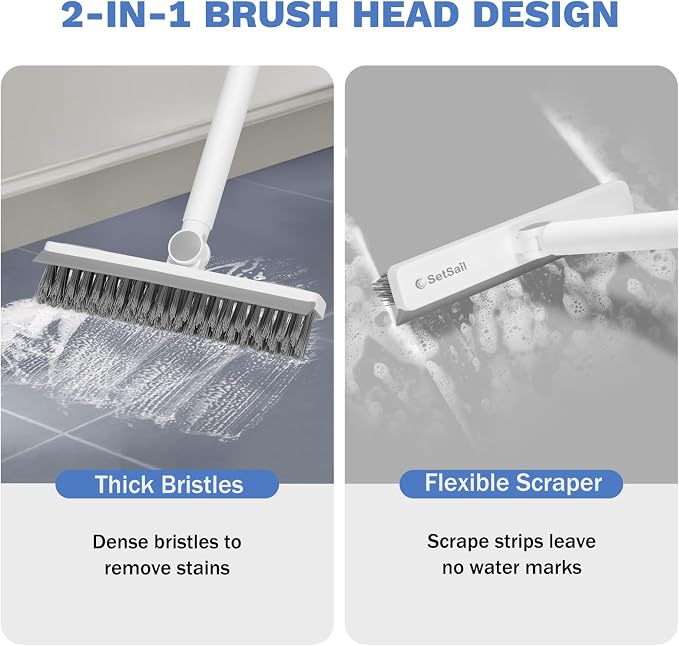 SetSail Grout Cleaner Brush with Long Handle, V-Shaped Floor Scrub Brush | Swivel Grout Brush Stiff Bristle Floor Grout Scrubber for Bathroom, Tile Line, Crevice, Kitchen, Wall, Deck, Garage