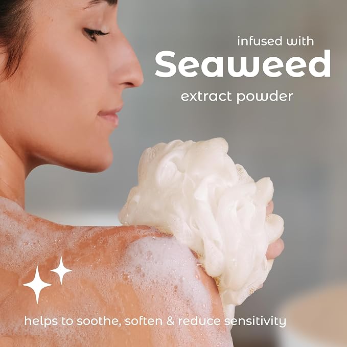 MainBasics Shower Loofah Sponge Pouf, Set of 3, Seaweed Infused | Soft Mesh Body Scrubber and Bath Sponge for Gentle Exfoliation, Rich Lather, and Everyday Shower Use