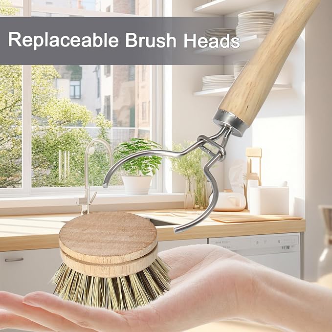 Wooden Dish Brush Set, 4 Natural Bristle Replacement Heads with 1 Sturdy Wooden Handle, Palm Kitchen Scrub Brush for Pots, Pans, Vegetables and Cookware