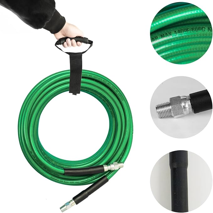 Hourleey Sewer Jetter Kit for Pressure Washer 150FT, 4000 PSI Drain Cleaner Hose 1/4 Inch NPT, Corner Rotating and Button Hose Sewer Jetting Nozzle Pearl Corsage Pin Tape Handle Strap Spanner, Green
