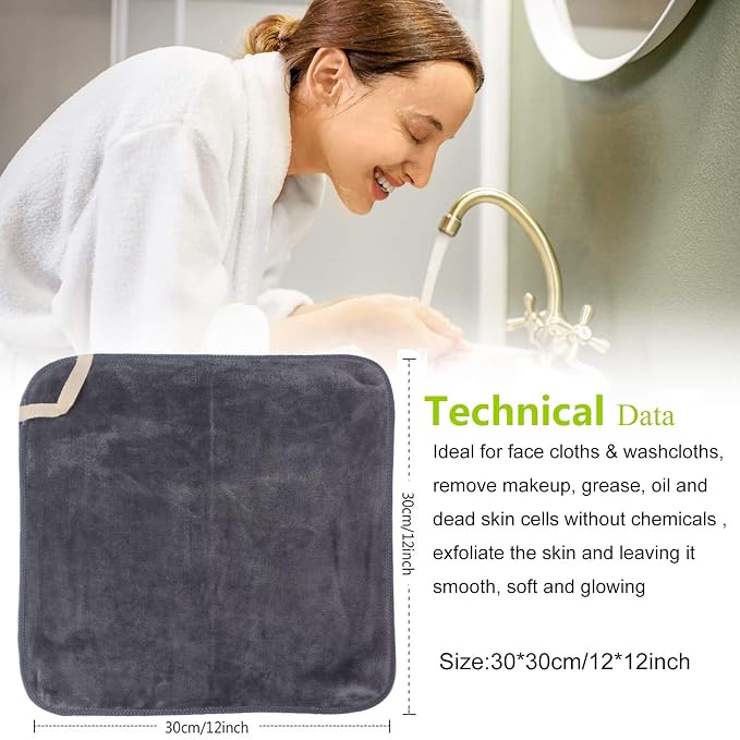 SINLAND Brushed Microfiber Facial Cloths Fast Drying Washcloth 12inch x 12inch Absorbent Face Wash Cloth Soft Makeup Remover Cloths