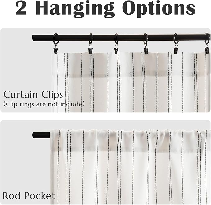 jinchan Black Stripe Linen Look Tier Curtains, 26x24, 2 Panels, White | Light filtering, rod pocket, farmhouse style, rustic decor, kitchen, bathroom, laundry room, RV, small windows