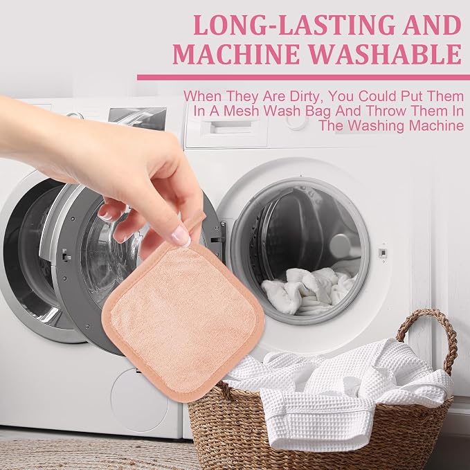 Puomue Makeup Remover Cloth 12 Pack, Ultra Soft and Reusable Microfiber Makeup Remover Towels for All Skin Types, Perfect Face Towels for Women, 6 Inch X 6 Inch, Pink