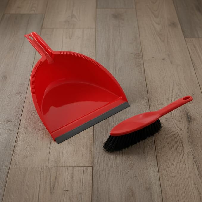 Condor Home Dustpan and Brush Set, Red Plastic Cleaning Tool With Long Handle, Heavy Duty Dust Pan With Soft Bristle Broom, 2-Pack