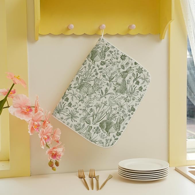 Easter Dish Drying Mat 18 x 24 Inch Sage Green Bunny Floral Drying Mat for Kitchen Counter Absorbent Sage Green Wildflowers Botanical Spring Dishes Dry Pad for Drainer Rack Kitchen Fast Dry